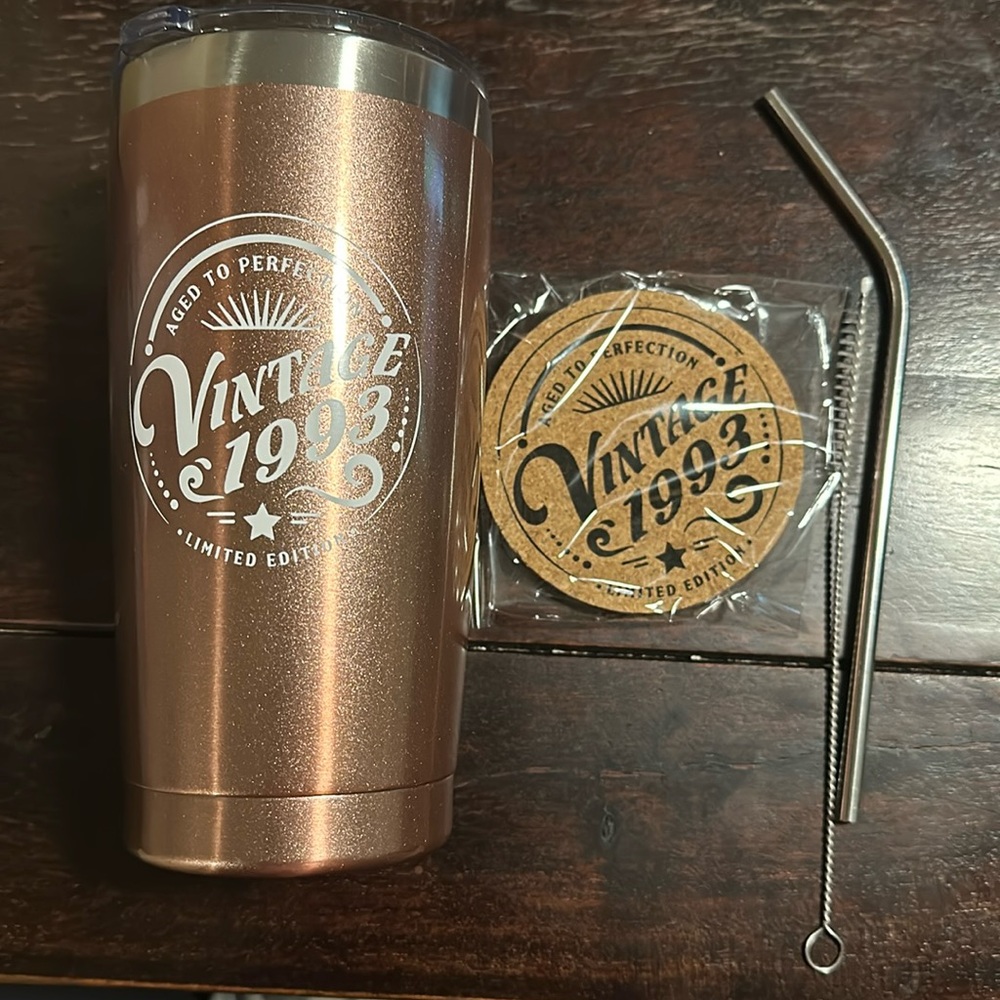 ‘Vintage 1993’ Rose Gold Tumbler with Accessories